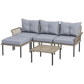 Outsunny 5-Piece Rattan Patio Set with Sofa Chaise Lounge Coffee Table Footstools Cushions Light Gray