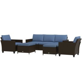 Outsunny 5-Piece Patio Furniture Set with PE Rattan Three-Seater Sofa, Armchairs, Footstools, Cushions, Deep Coffee