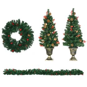 HOMCOM Prelit Holiday Christmas 4-Piece Set, Garland Wreath and Set of 2 Entrance Trees with Warm White LED Lights, Red Berries, Pine Cones, Gree