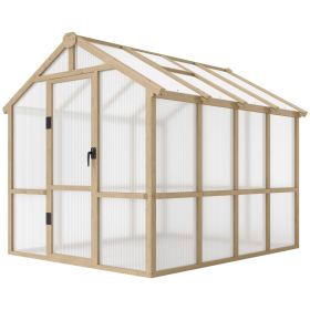 Outsunny 6.6 x 8 FT Polycarbonate Greenhouse Wooden Walk-in Greenhouse Kit with Thickened Panels, Roof Vent and Lockable Door