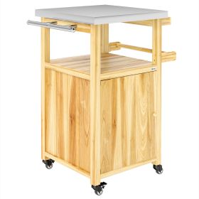 Outsunny Outdoor Grill Cart w/ Stainless Steel Top, Solid Wood Outdoor Kitchen Island w/ Wheels, Integrated Hole, Natural Wood