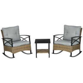 Outsunny Rocking Bistro Set 3PC Wicker Outdoor Furniture with Rocker Chairs Cushions Coffee Table Light Grey