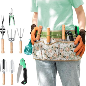 Wooden Handle Stainless Steel Lightweight Portable Easy To Store Ladies Gardening Tool Set With Pruning Shears (Option: Fanny pack style)